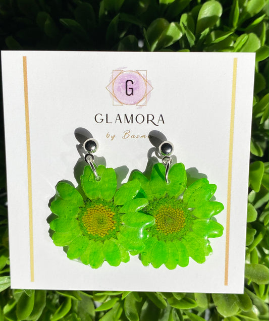 Green Daisy Dangle Earrings